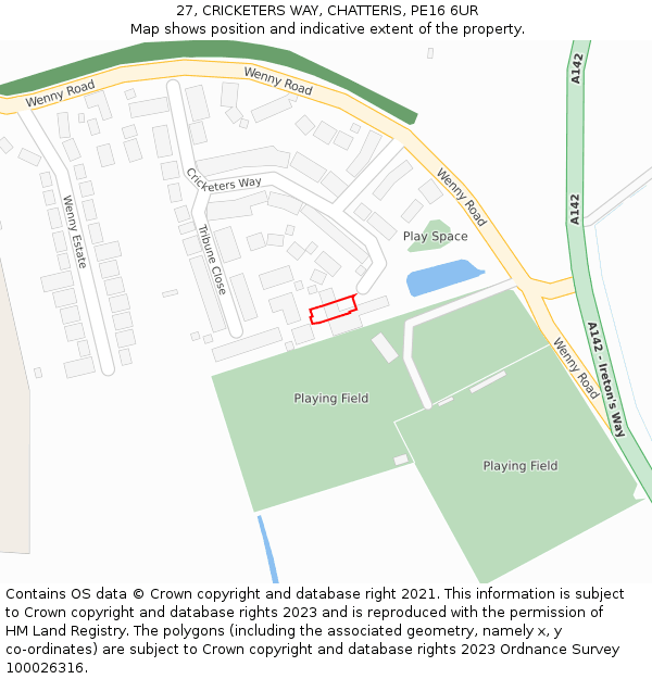 27, CRICKETERS WAY, CHATTERIS, PE16 6UR: Location map and indicative extent of plot