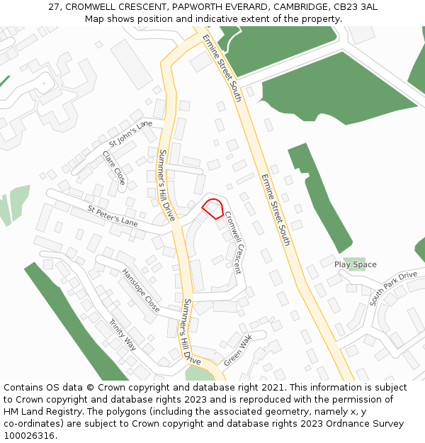 27, CROMWELL CRESCENT, PAPWORTH EVERARD, CAMBRIDGE, CB23 3AL: Location map and indicative extent of plot