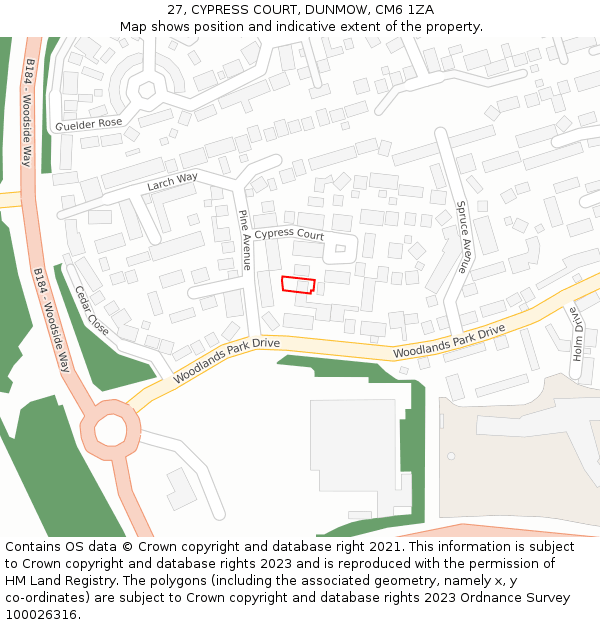 27, CYPRESS COURT, DUNMOW, CM6 1ZA: Location map and indicative extent of plot