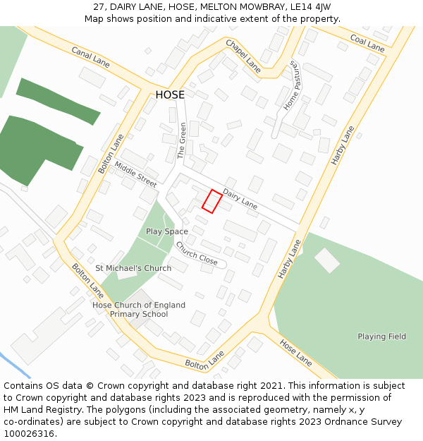 27, DAIRY LANE, HOSE, MELTON MOWBRAY, LE14 4JW: Location map and indicative extent of plot