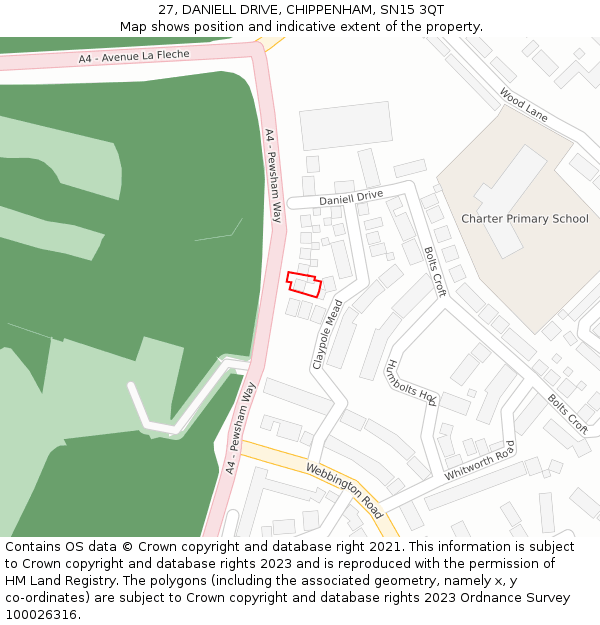 27, DANIELL DRIVE, CHIPPENHAM, SN15 3QT: Location map and indicative extent of plot
