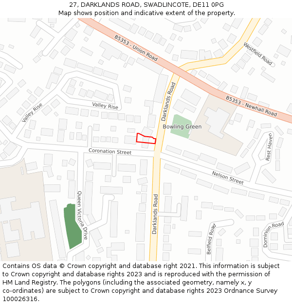 27, DARKLANDS ROAD, SWADLINCOTE, DE11 0PG: Location map and indicative extent of plot