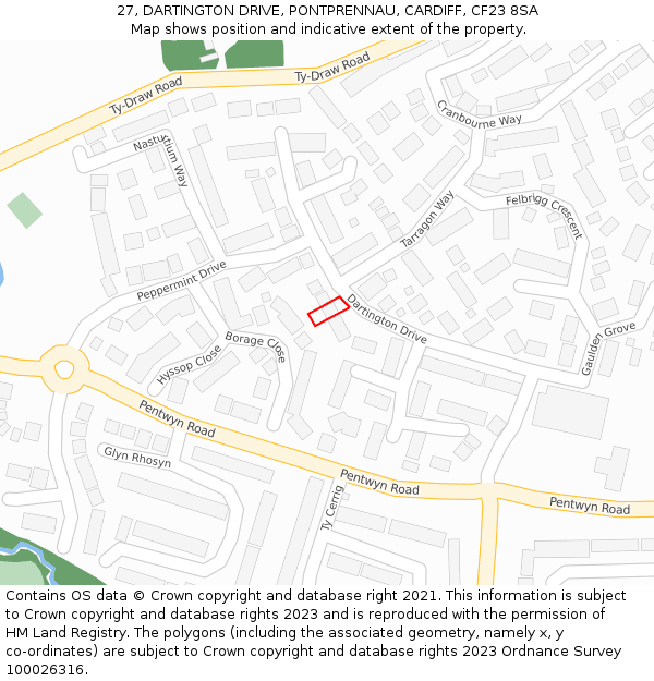 27, DARTINGTON DRIVE, PONTPRENNAU, CARDIFF, CF23 8SA: Location map and indicative extent of plot