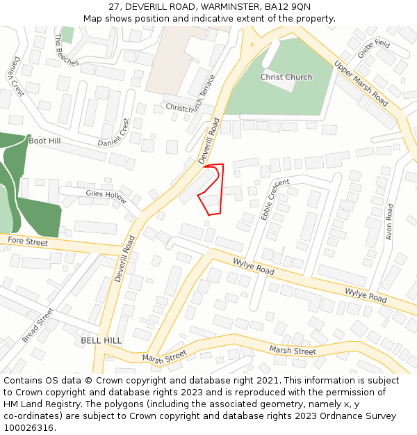 27, DEVERILL ROAD, WARMINSTER, BA12 9QN: Location map and indicative extent of plot