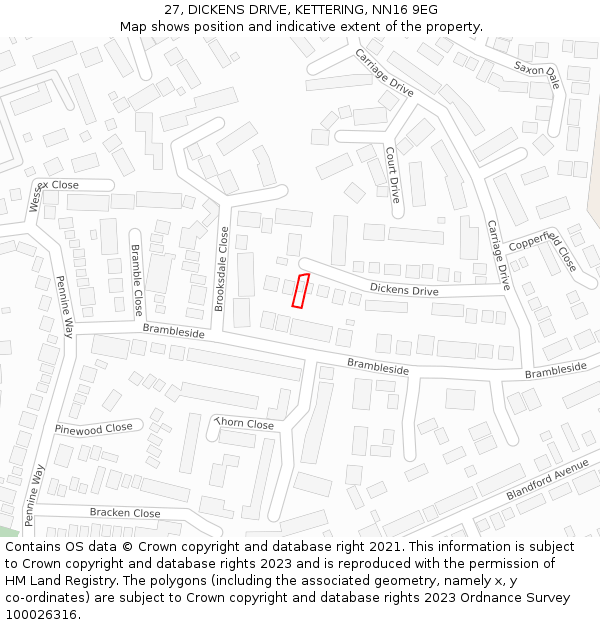 27, DICKENS DRIVE, KETTERING, NN16 9EG: Location map and indicative extent of plot