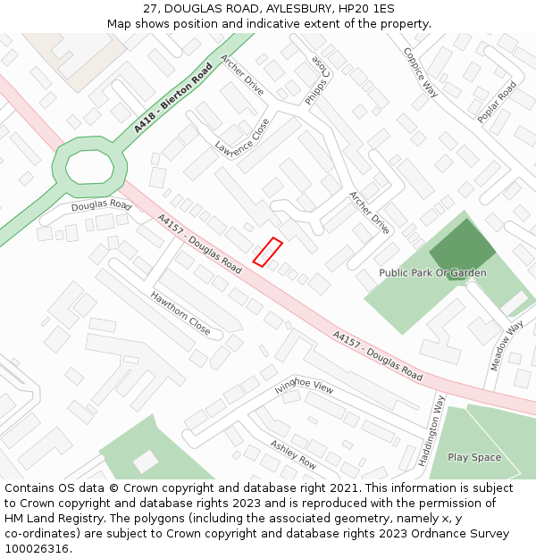 27, DOUGLAS ROAD, AYLESBURY, HP20 1ES: Location map and indicative extent of plot