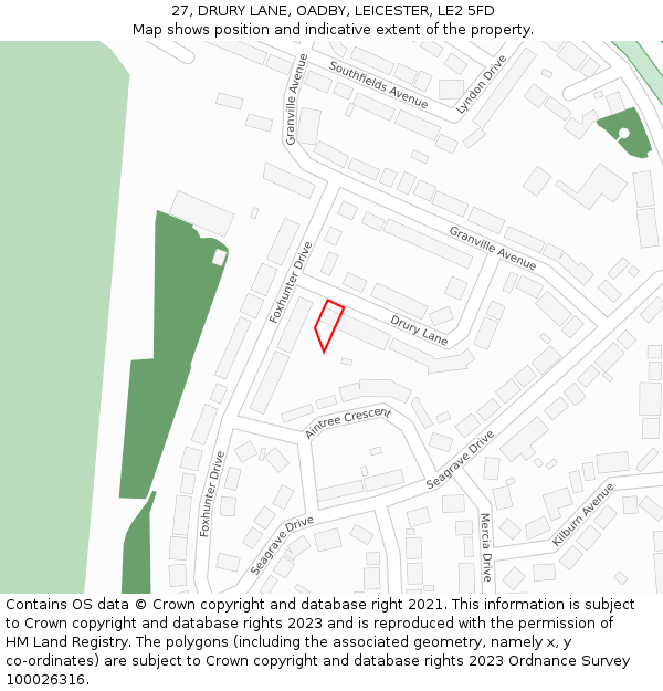 27, DRURY LANE, OADBY, LEICESTER, LE2 5FD: Location map and indicative extent of plot
