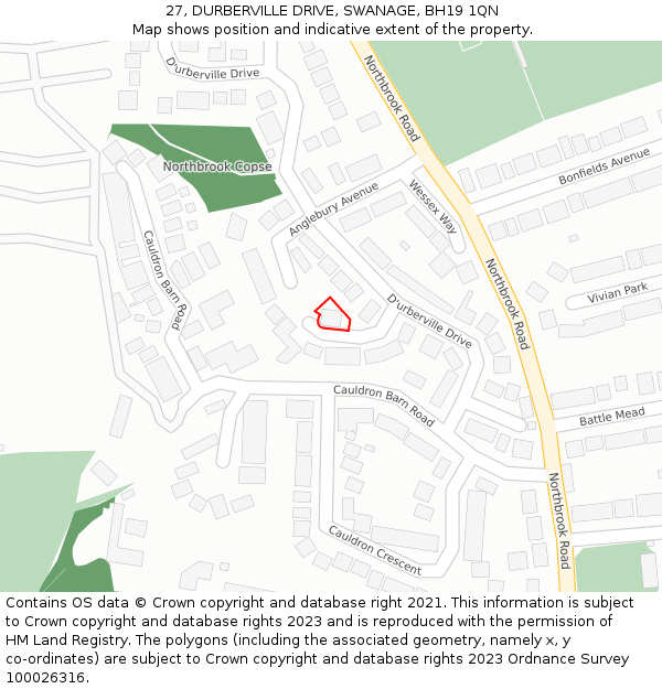 27, DURBERVILLE DRIVE, SWANAGE, BH19 1QN: Location map and indicative extent of plot