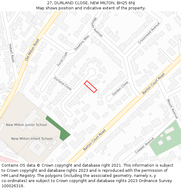 27, DURLAND CLOSE, NEW MILTON, BH25 6NJ: Location map and indicative extent of plot