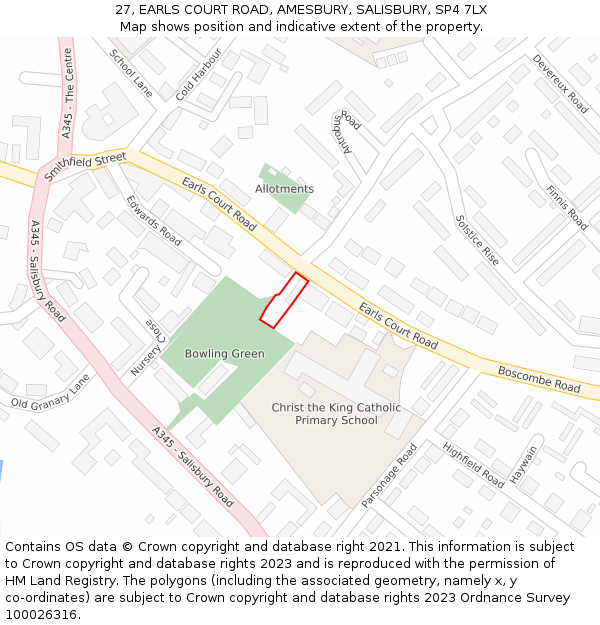 27, EARLS COURT ROAD, AMESBURY, SALISBURY, SP4 7LX: Location map and indicative extent of plot