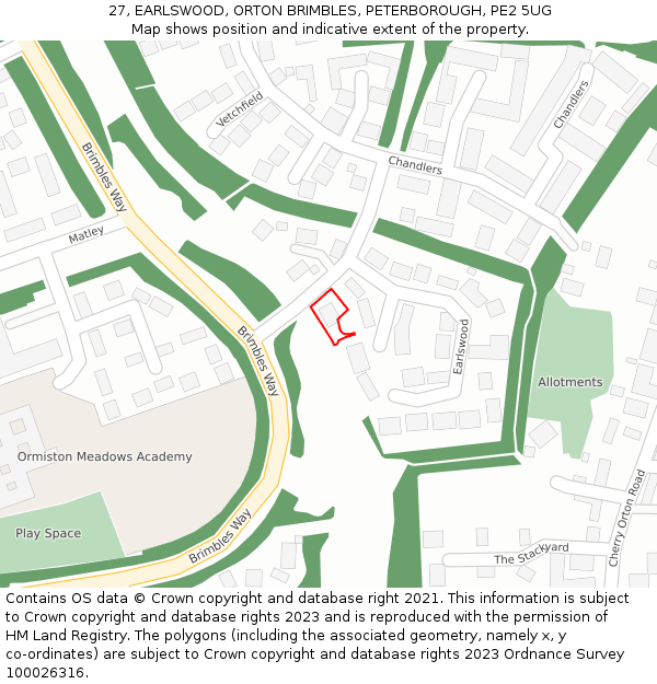 27, EARLSWOOD, ORTON BRIMBLES, PETERBOROUGH, PE2 5UG: Location map and indicative extent of plot