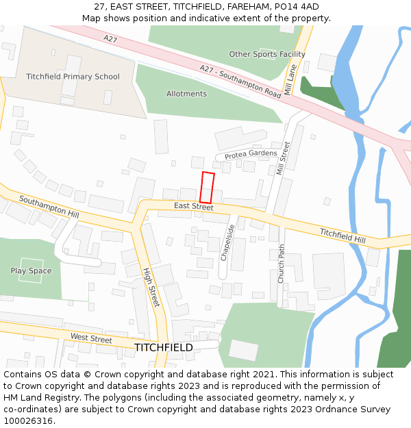 27, EAST STREET, TITCHFIELD, FAREHAM, PO14 4AD: Location map and indicative extent of plot