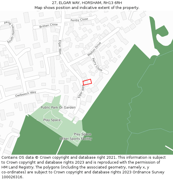 27, ELGAR WAY, HORSHAM, RH13 6RH: Location map and indicative extent of plot