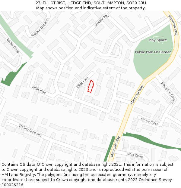 27, ELLIOT RISE, HEDGE END, SOUTHAMPTON, SO30 2RU: Location map and indicative extent of plot
