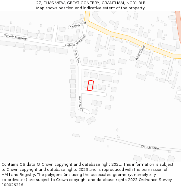 27, ELMS VIEW, GREAT GONERBY, GRANTHAM, NG31 8LR: Location map and indicative extent of plot