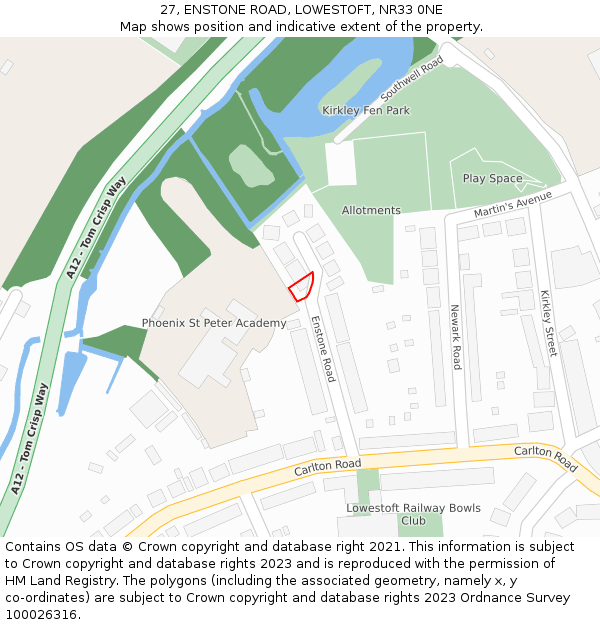 27, ENSTONE ROAD, LOWESTOFT, NR33 0NE: Location map and indicative extent of plot