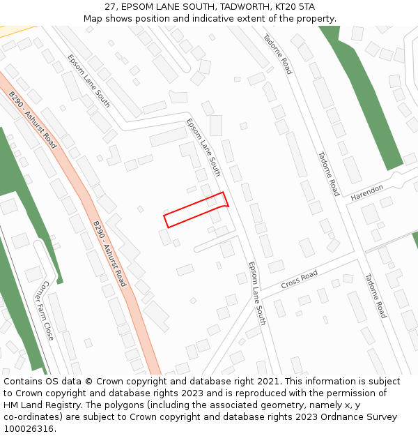 27, EPSOM LANE SOUTH, TADWORTH, KT20 5TA: Location map and indicative extent of plot