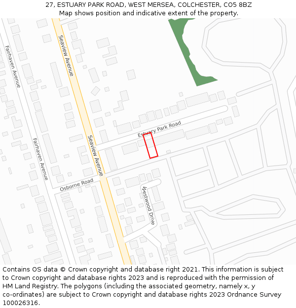27, ESTUARY PARK ROAD, WEST MERSEA, COLCHESTER, CO5 8BZ: Location map and indicative extent of plot