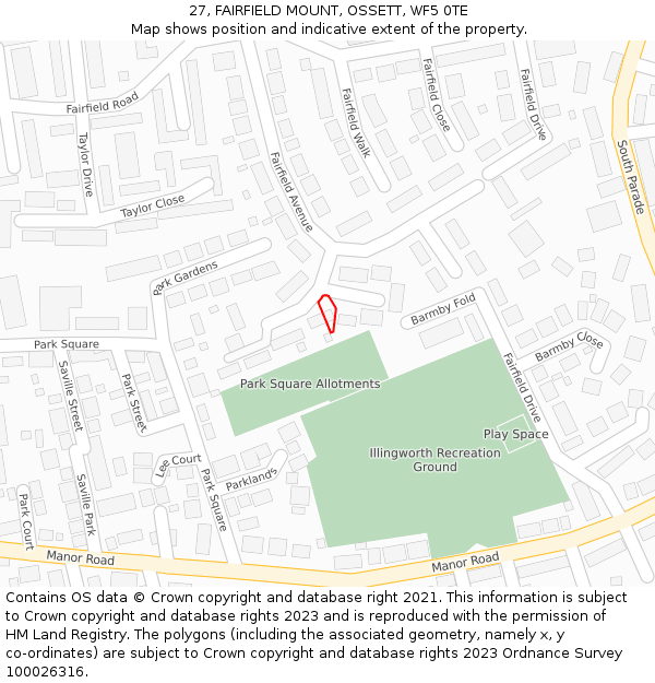 27, FAIRFIELD MOUNT, OSSETT, WF5 0TE: Location map and indicative extent of plot