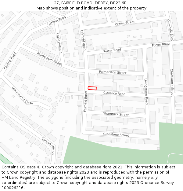 27, FAIRFIELD ROAD, DERBY, DE23 6PH: Location map and indicative extent of plot