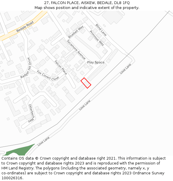 27, FALCON PLACE, AISKEW, BEDALE, DL8 1FQ: Location map and indicative extent of plot