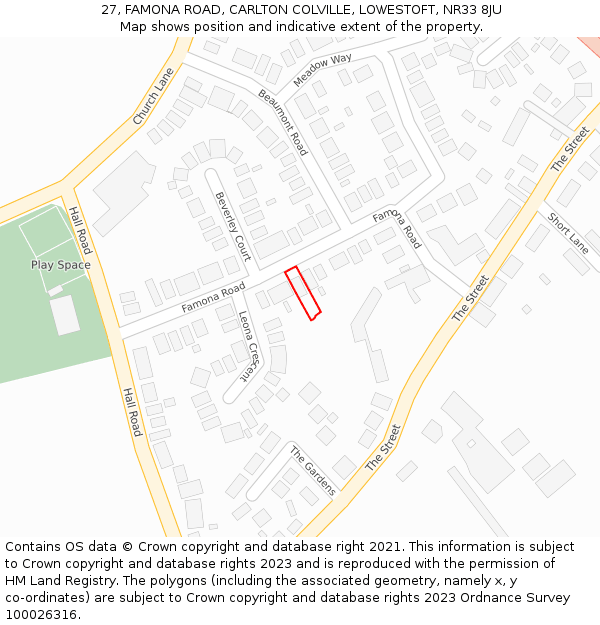 27, FAMONA ROAD, CARLTON COLVILLE, LOWESTOFT, NR33 8JU: Location map and indicative extent of plot
