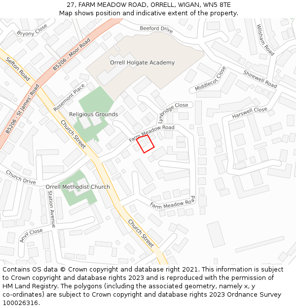 27, FARM MEADOW ROAD, ORRELL, WIGAN, WN5 8TE: Location map and indicative extent of plot