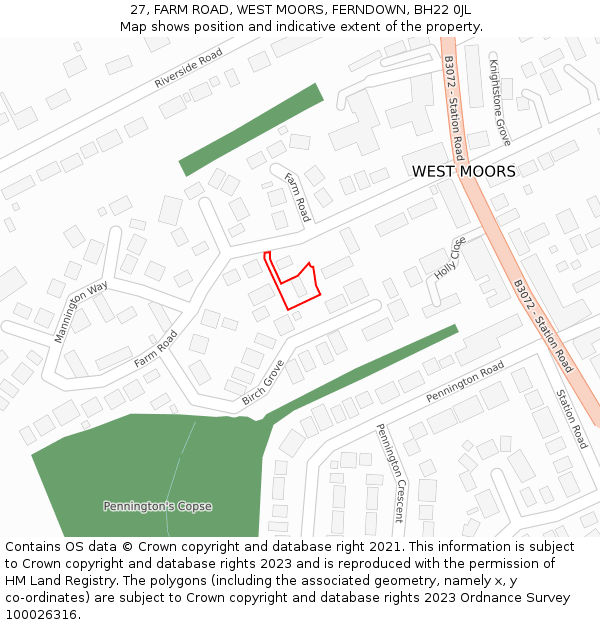 27, FARM ROAD, WEST MOORS, FERNDOWN, BH22 0JL: Location map and indicative extent of plot