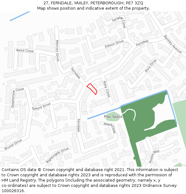 27, FERNDALE, YAXLEY, PETERBOROUGH, PE7 3ZQ: Location map and indicative extent of plot