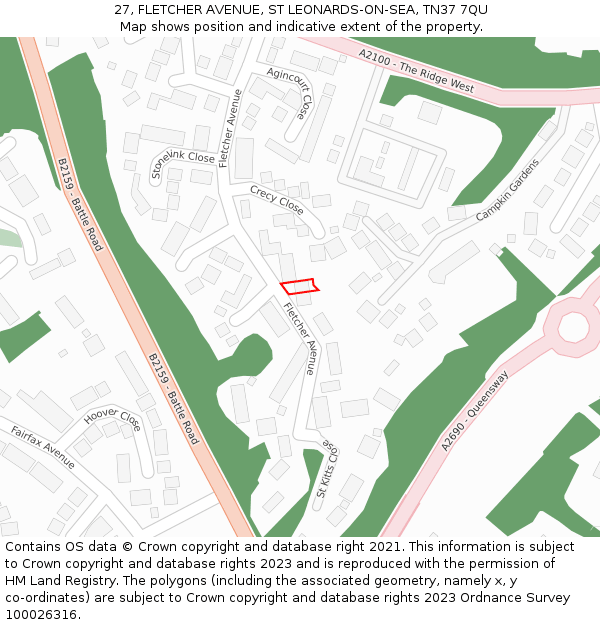 27, FLETCHER AVENUE, ST LEONARDS-ON-SEA, TN37 7QU: Location map and indicative extent of plot