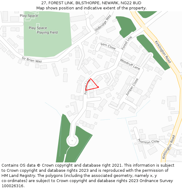 27, FOREST LINK, BILSTHORPE, NEWARK, NG22 8UD: Location map and indicative extent of plot