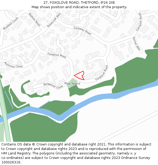 27, FOXGLOVE ROAD, THETFORD, IP24 2XE: Location map and indicative extent of plot