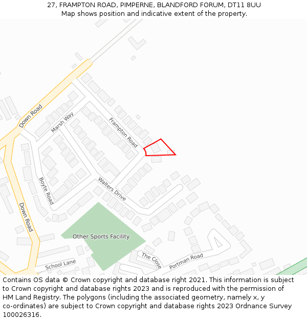 27, FRAMPTON ROAD, PIMPERNE, BLANDFORD FORUM, DT11 8UU: Location map and indicative extent of plot