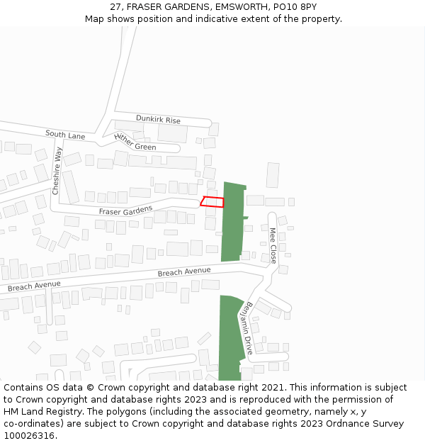 27, FRASER GARDENS, EMSWORTH, PO10 8PY: Location map and indicative extent of plot