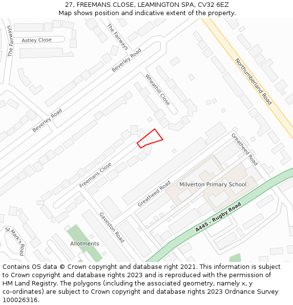 27, FREEMANS CLOSE, LEAMINGTON SPA, CV32 6EZ: Location map and indicative extent of plot