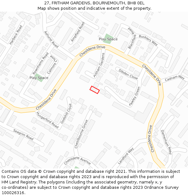 27, FRITHAM GARDENS, BOURNEMOUTH, BH8 0EL: Location map and indicative extent of plot