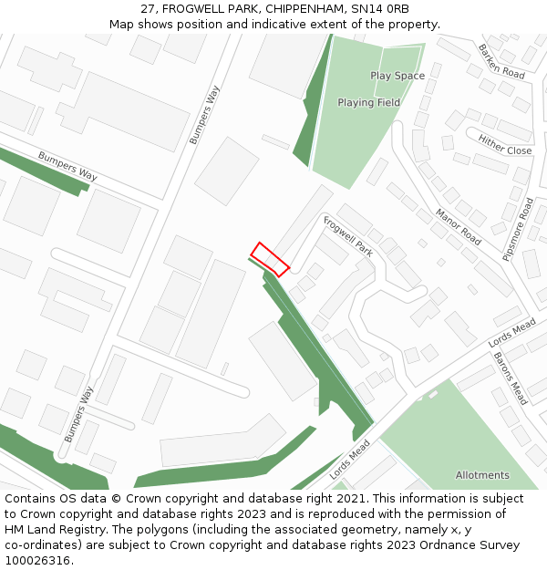 27, FROGWELL PARK, CHIPPENHAM, SN14 0RB: Location map and indicative extent of plot