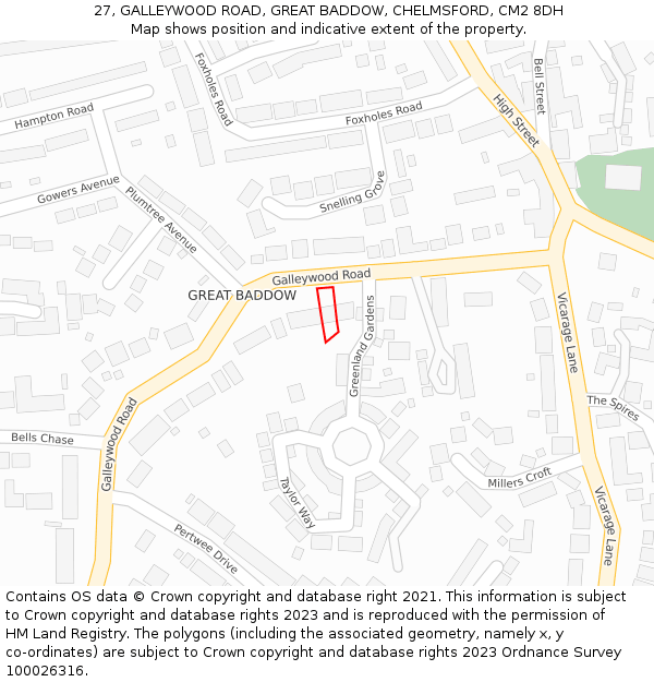 27, GALLEYWOOD ROAD, GREAT BADDOW, CHELMSFORD, CM2 8DH: Location map and indicative extent of plot