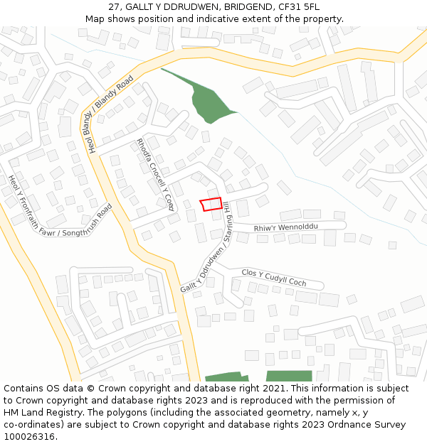27, GALLT Y DDRUDWEN, BRIDGEND, CF31 5FL: Location map and indicative extent of plot