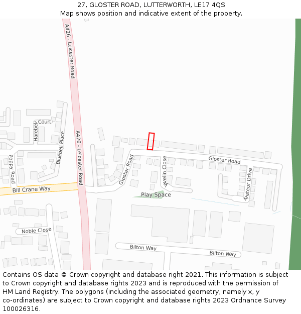27, GLOSTER ROAD, LUTTERWORTH, LE17 4QS: Location map and indicative extent of plot