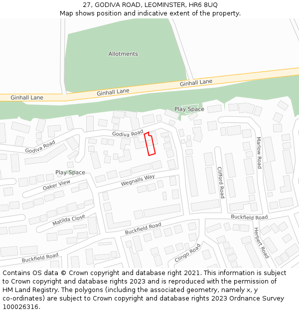 27, GODIVA ROAD, LEOMINSTER, HR6 8UQ: Location map and indicative extent of plot