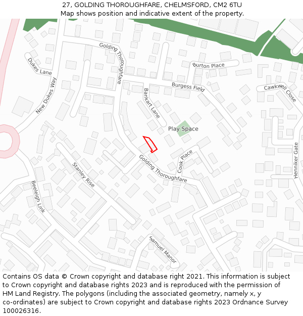 27, GOLDING THOROUGHFARE, CHELMSFORD, CM2 6TU: Location map and indicative extent of plot