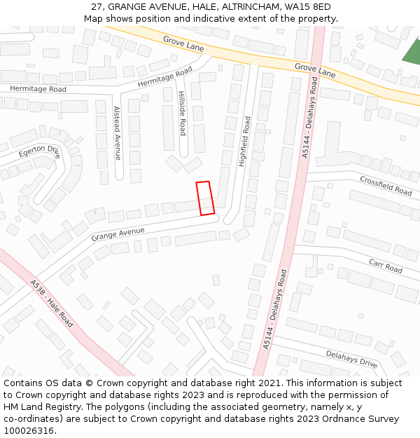 27, GRANGE AVENUE, HALE, ALTRINCHAM, WA15 8ED: Location map and indicative extent of plot