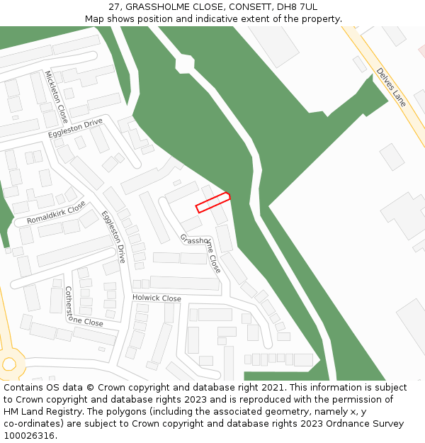 27, GRASSHOLME CLOSE, CONSETT, DH8 7UL: Location map and indicative extent of plot