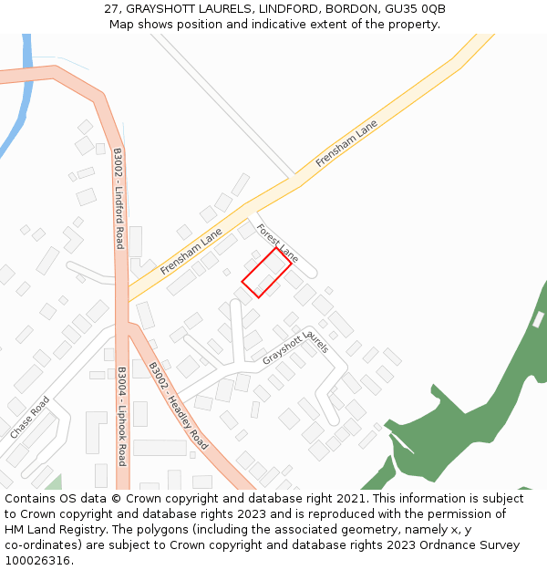 27, GRAYSHOTT LAURELS, LINDFORD, BORDON, GU35 0QB: Location map and indicative extent of plot