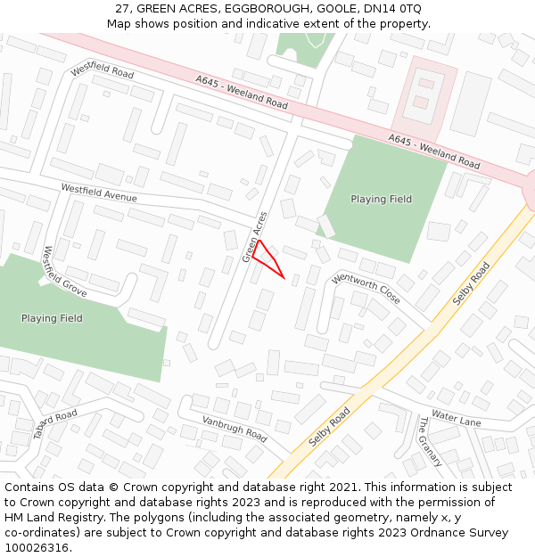 27, GREEN ACRES, EGGBOROUGH, GOOLE, DN14 0TQ: Location map and indicative extent of plot