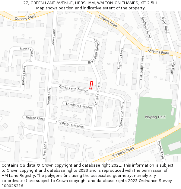 27, GREEN LANE AVENUE, HERSHAM, WALTON-ON-THAMES, KT12 5HL: Location map and indicative extent of plot