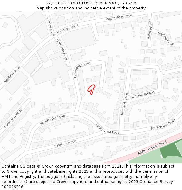 27, GREENBRIAR CLOSE, BLACKPOOL, FY3 7SA: Location map and indicative extent of plot