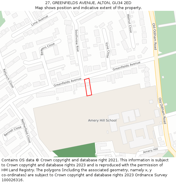 27, GREENFIELDS AVENUE, ALTON, GU34 2ED: Location map and indicative extent of plot