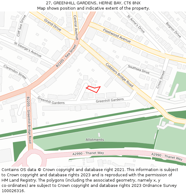 27, GREENHILL GARDENS, HERNE BAY, CT6 8NX: Location map and indicative extent of plot